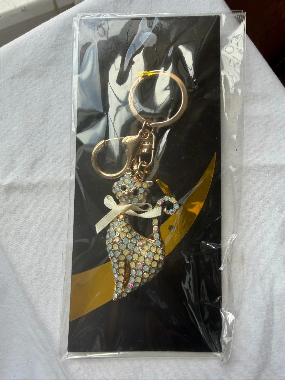 NWT Rhinestone Cat Keychain Opalescent Crystal Kitty Purse Charm